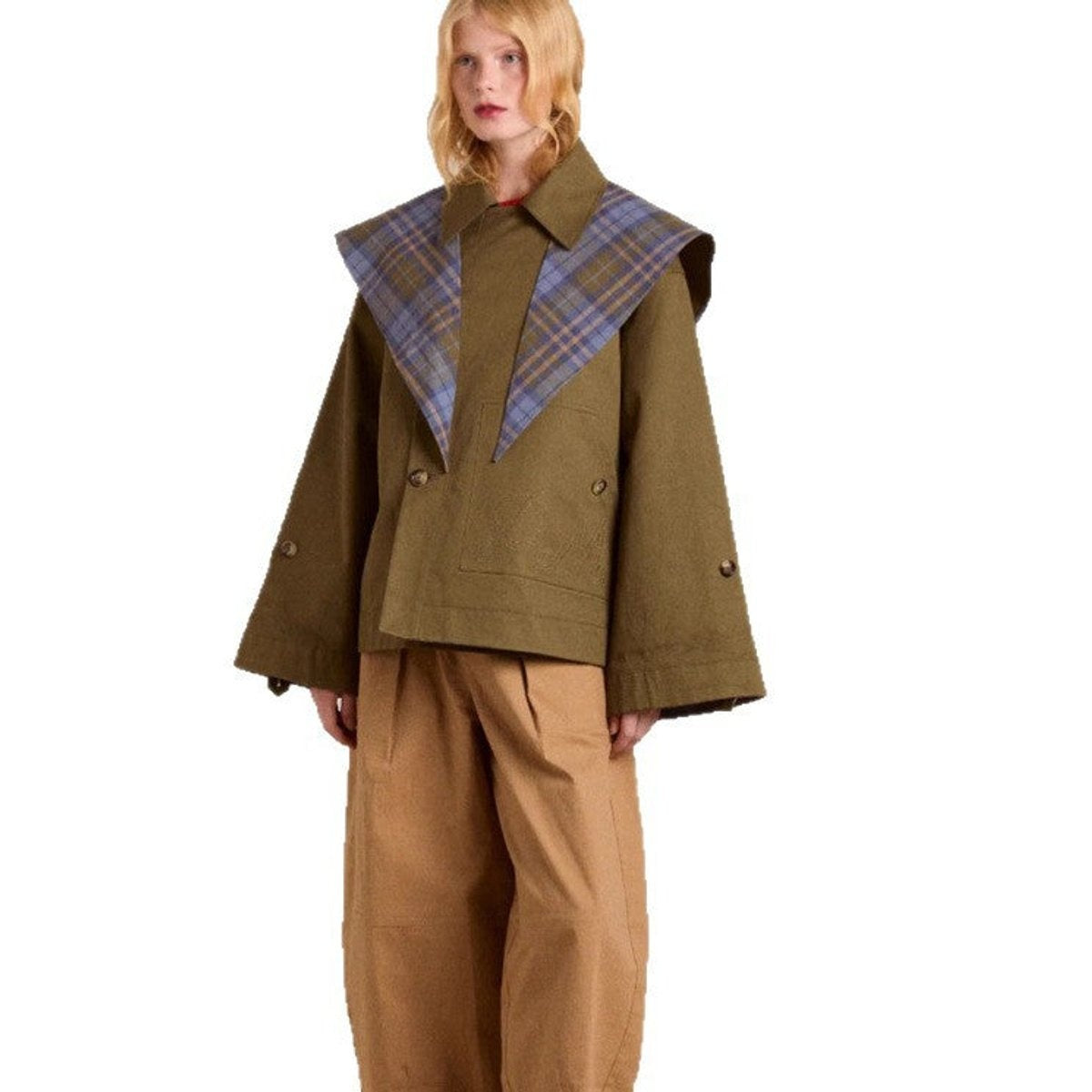 Vera | Gabardina Corta Mujer Oversized Forro Escocés Doble Botonadura