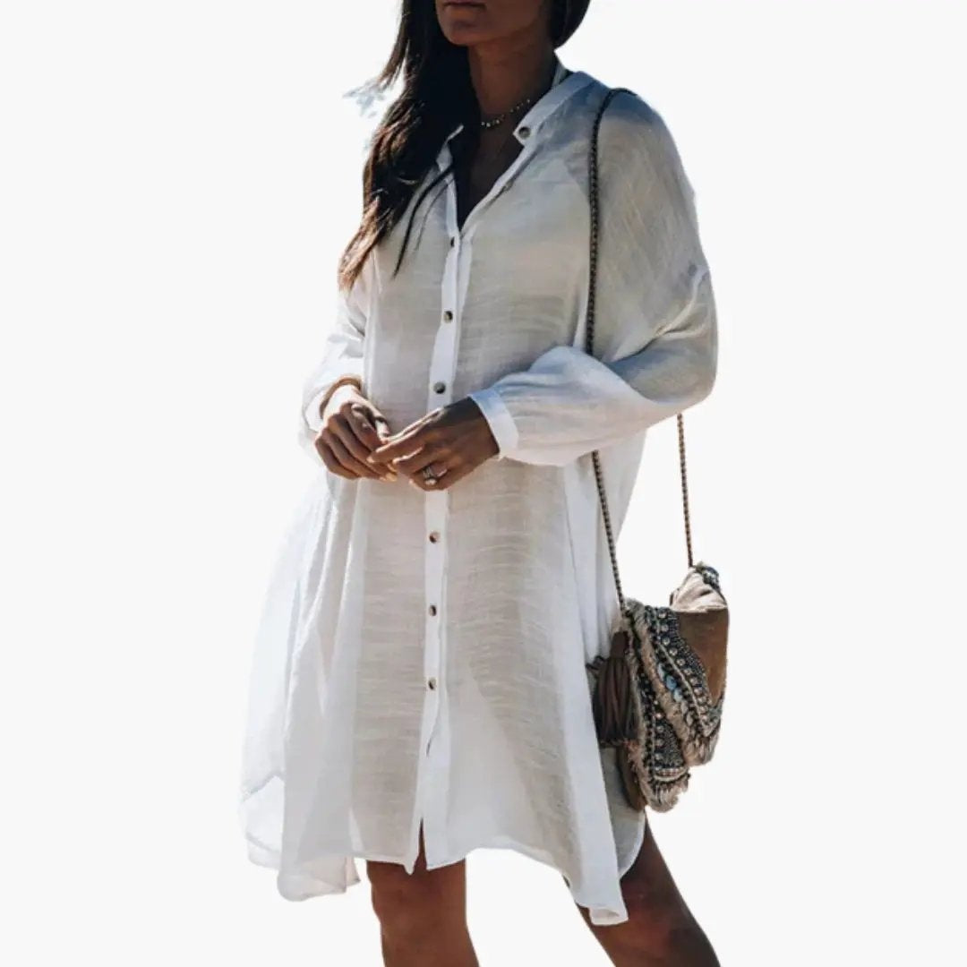 Vestido Camisero de Manga Larga Mujer Escote V
