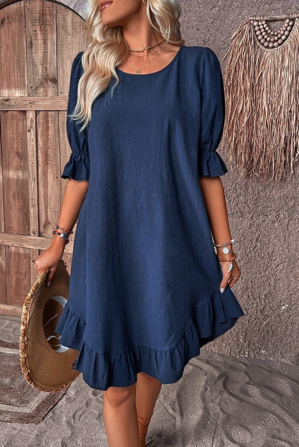 Vestido Corto con Volantes Mujer Manga Abullonada