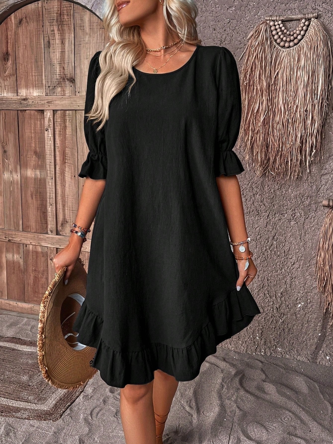 Vestido Corto con Volantes Mujer Manga Abullonada