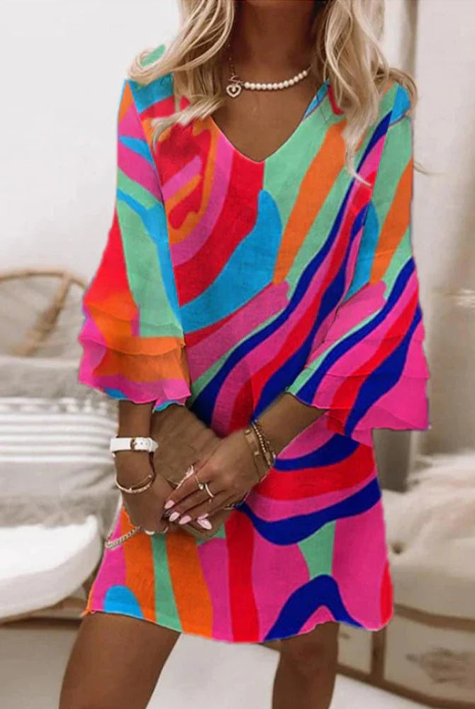 Vestido Corto de Fiesta Mujer Escote V Manga Acampanada