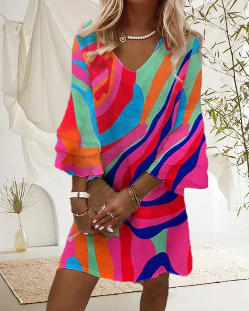 Vestido Corto de Fiesta Mujer Escote V Manga Acampanada