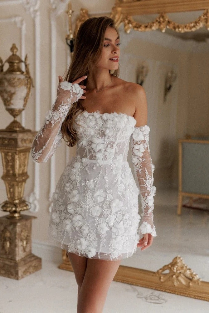 Vestido Corto de Novia Civil con Flores 3D Mujer Encaje
