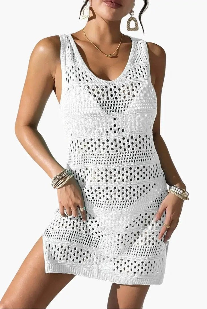 Vestido Corto de Punto Calado Mujer Sin Mangas