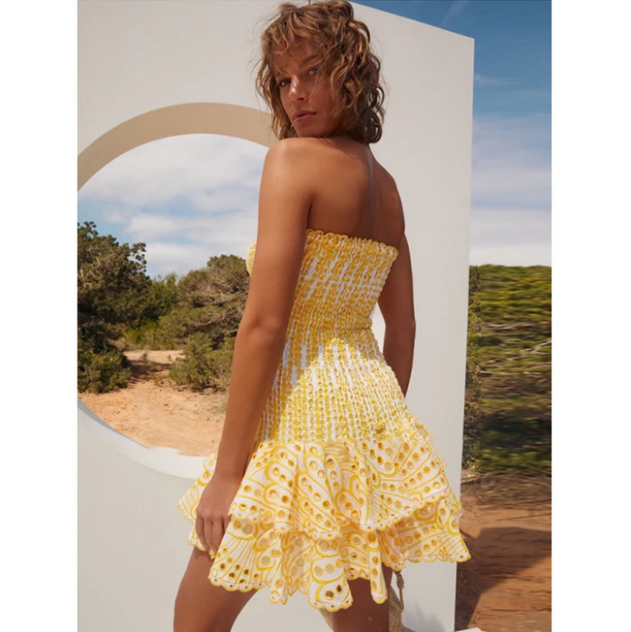 Vestido Corto Palabra de Honor con Volantes Mujer Fruncido