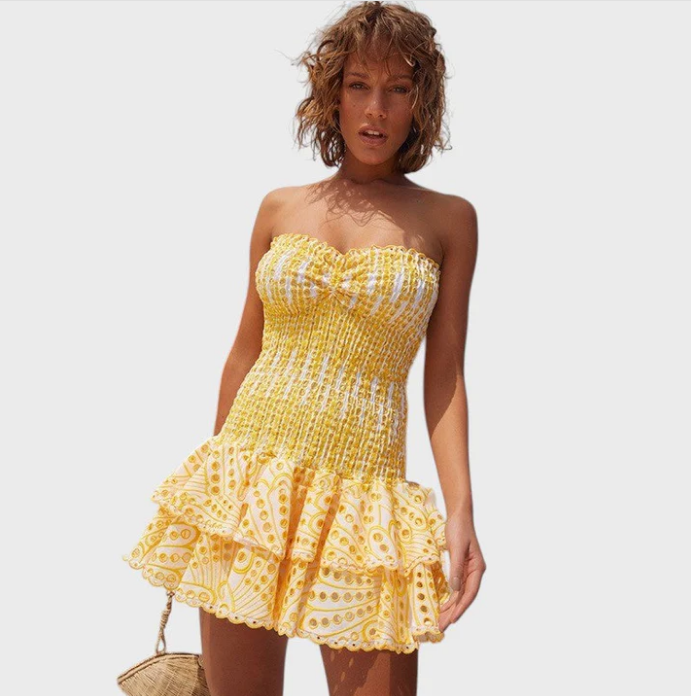 Vestido Corto Palabra de Honor con Volantes Mujer Fruncido