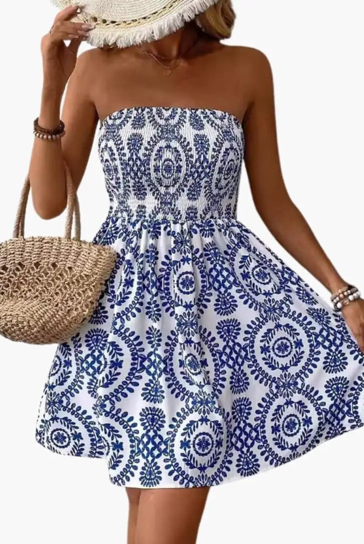 Vestido Corto Palabra de Honor Estampado Geométrico Mujer