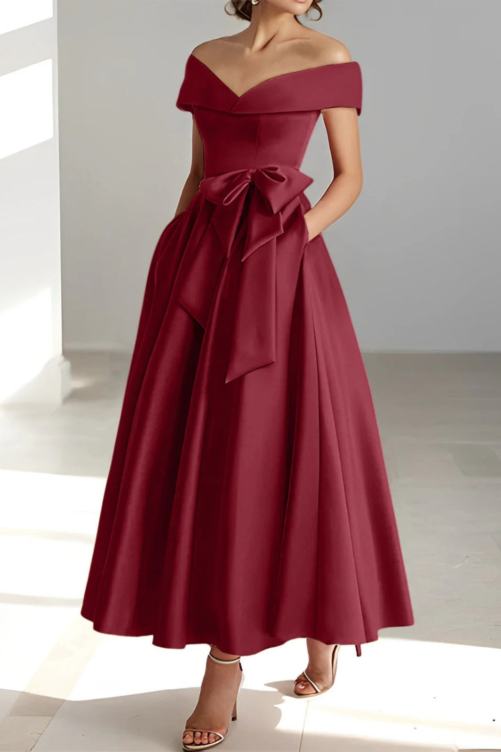 Vestido de Dama de Honor Hombros Descubiertos Mujer Cinturón