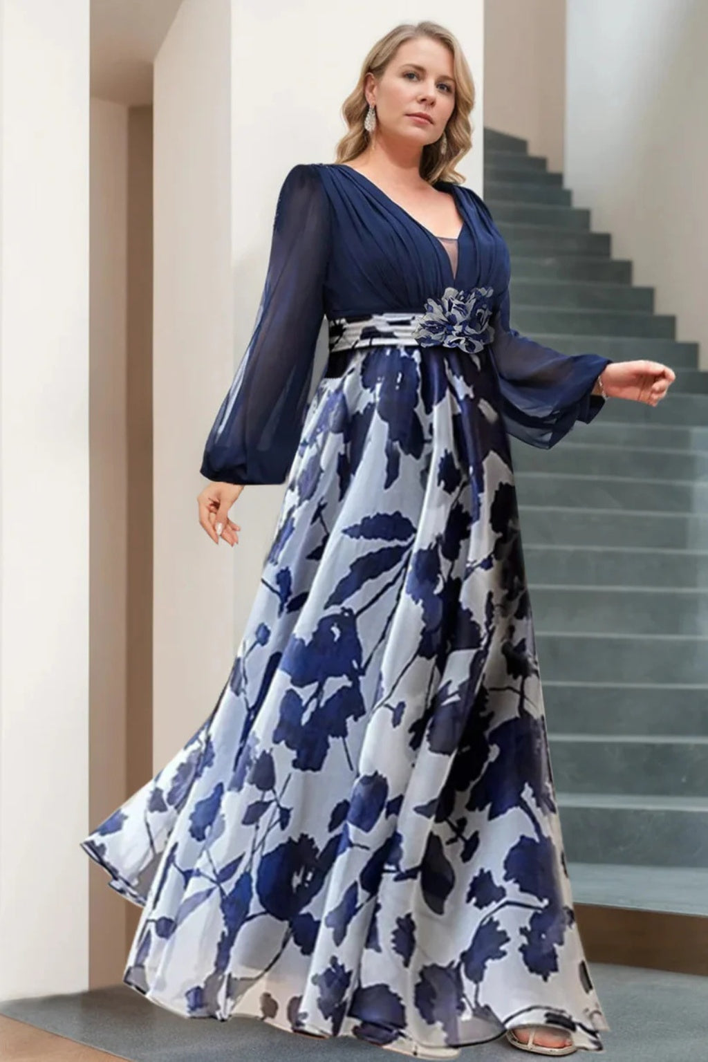Vestido de Fiesta Largo Estampado Floral Mujer Escote V Manga Globo