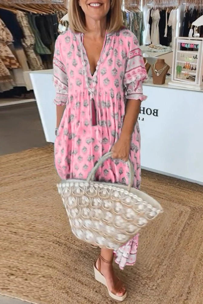 Vestido de Invitada de Boda Estampado Mujer Escote V Cordones