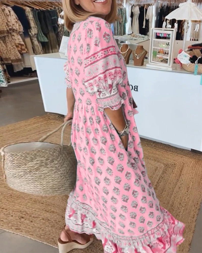 Vestido de Invitada de Boda Estampado Mujer Escote V Cordones