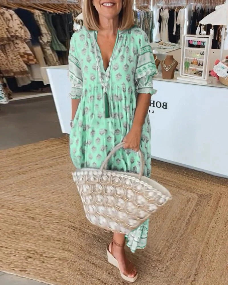Vestido de Invitada de Boda Estampado Mujer Escote V Cordones