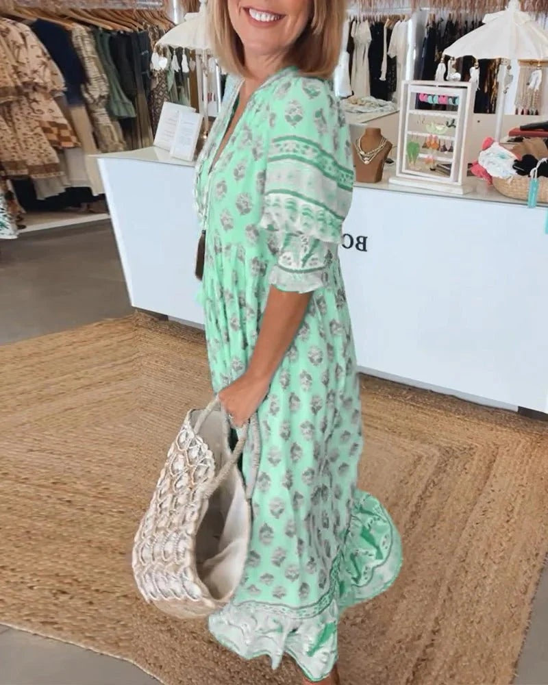 Vestido de Invitada de Boda Estampado Mujer Escote V Cordones