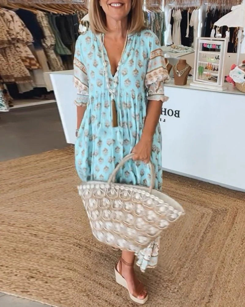 Vestido de Invitada de Boda Estampado Mujer Escote V Cordones