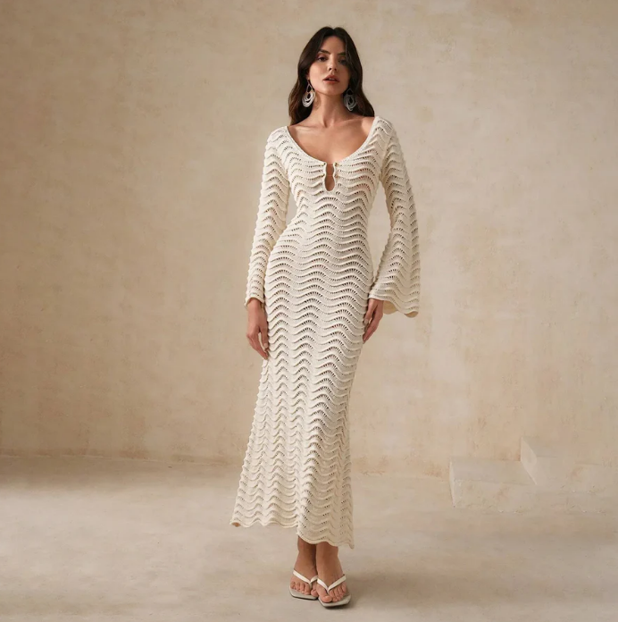 Vestido de Punto Calado Manga Larga Mujer Escote V