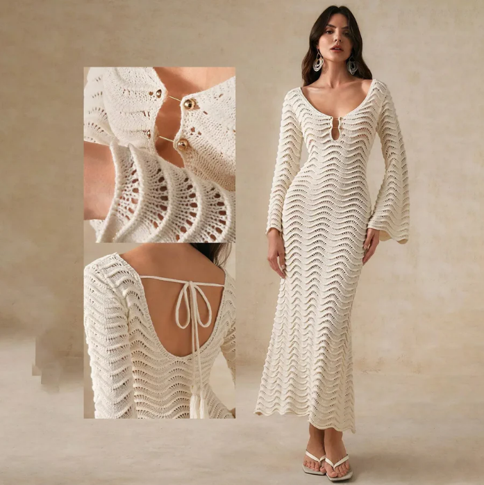 Vestido de Punto Calado Manga Larga Mujer Escote V