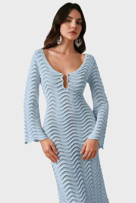 Vestido de Punto Calado Manga Larga Mujer Escote V