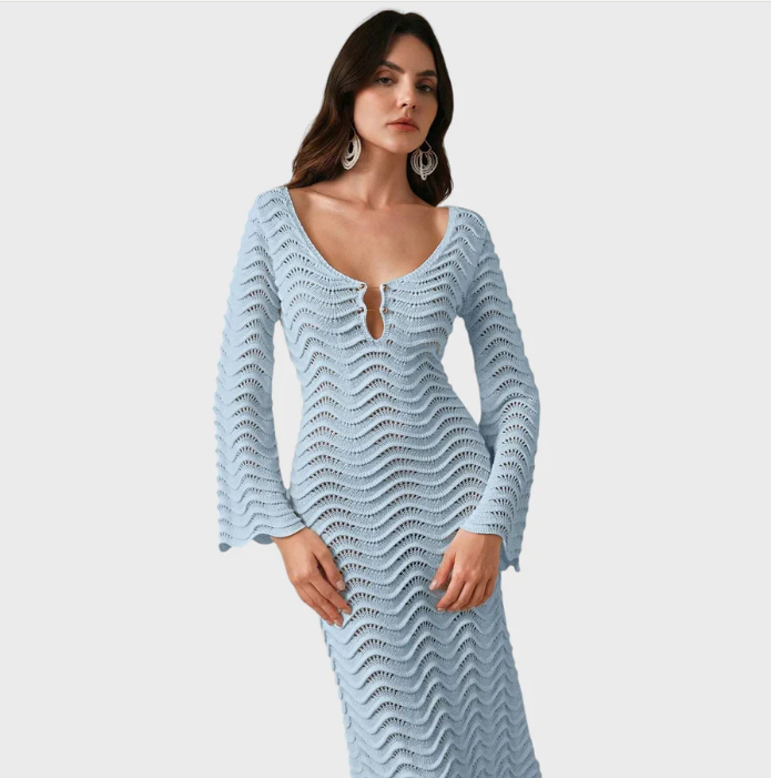 Vestido de Punto Calado Manga Larga Mujer Escote V