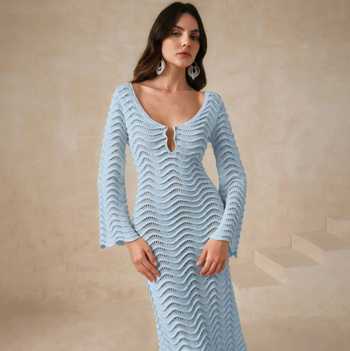 Vestido de Punto Calado Manga Larga Mujer Escote V
