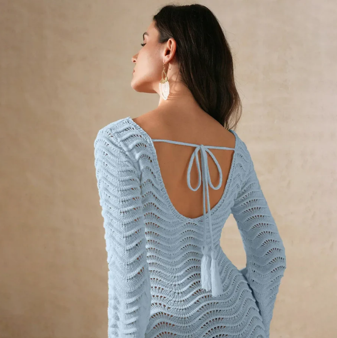Vestido de Punto Calado Manga Larga Mujer Escote V