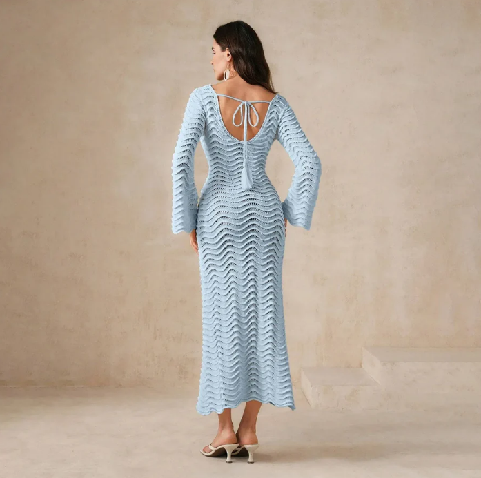 Vestido de Punto Calado Manga Larga Mujer Escote V