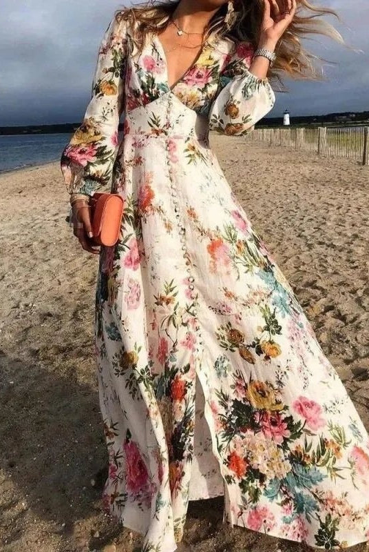 Vestido Largo Boho de Manga Larga Mujer Estampado Floral