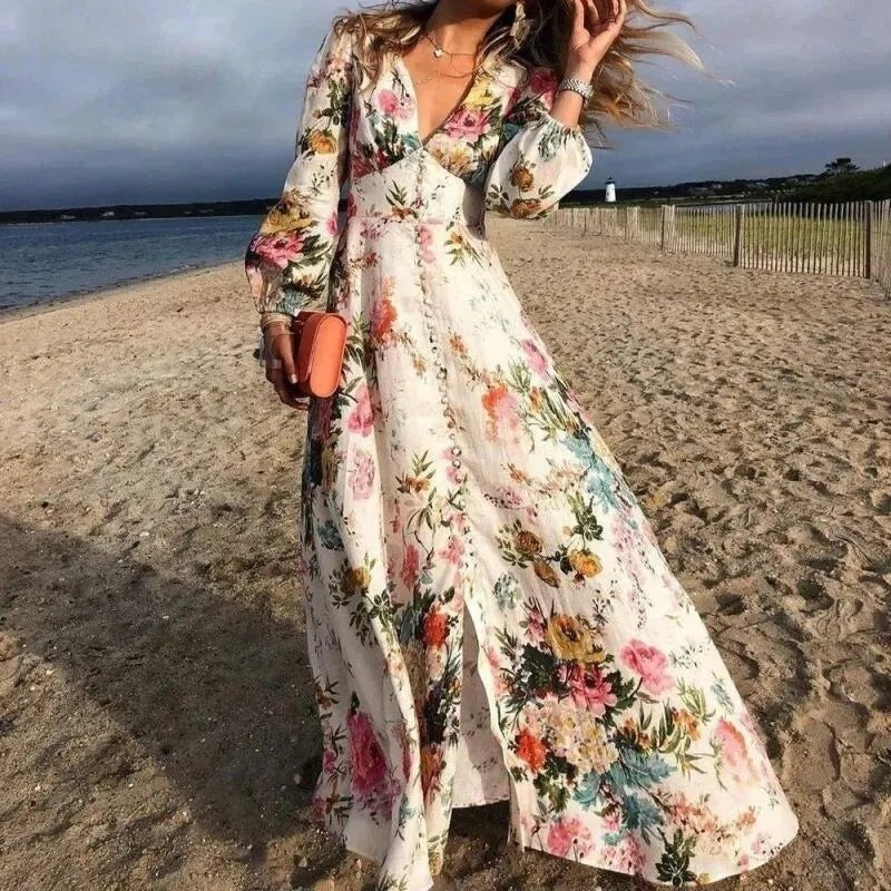 Vestido Largo Boho de Manga Larga Mujer Estampado Floral