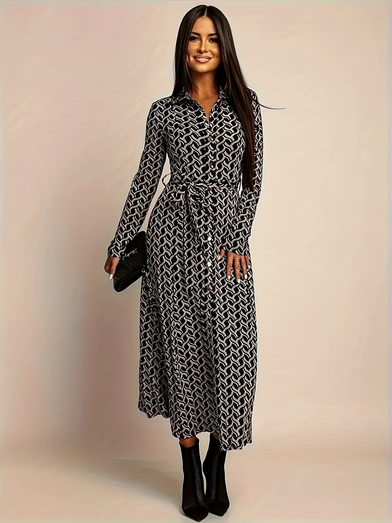 Vestido Largo Camisero Estampado Geométrico Mujer Cinturón