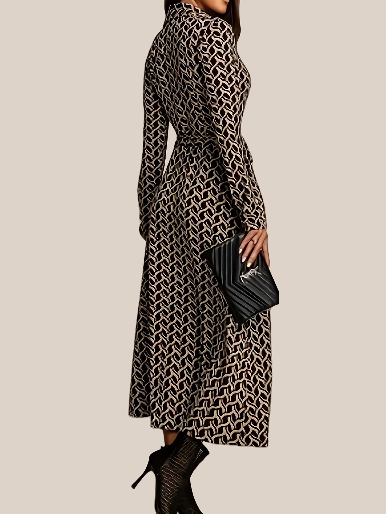 Vestido Largo Camisero Estampado Geométrico Mujer Cinturón