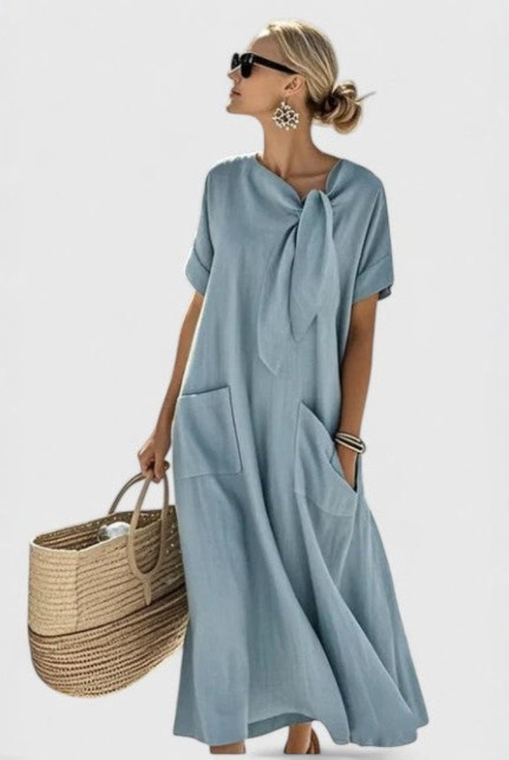 Vestido Largo Casual con Lazo Mujer Bolsillos