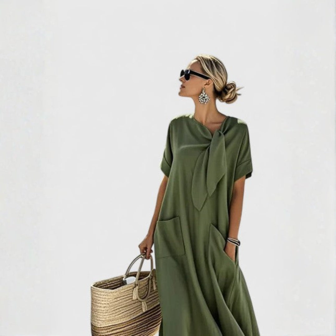 Vestido Largo Casual con Lazo Mujer Bolsillos