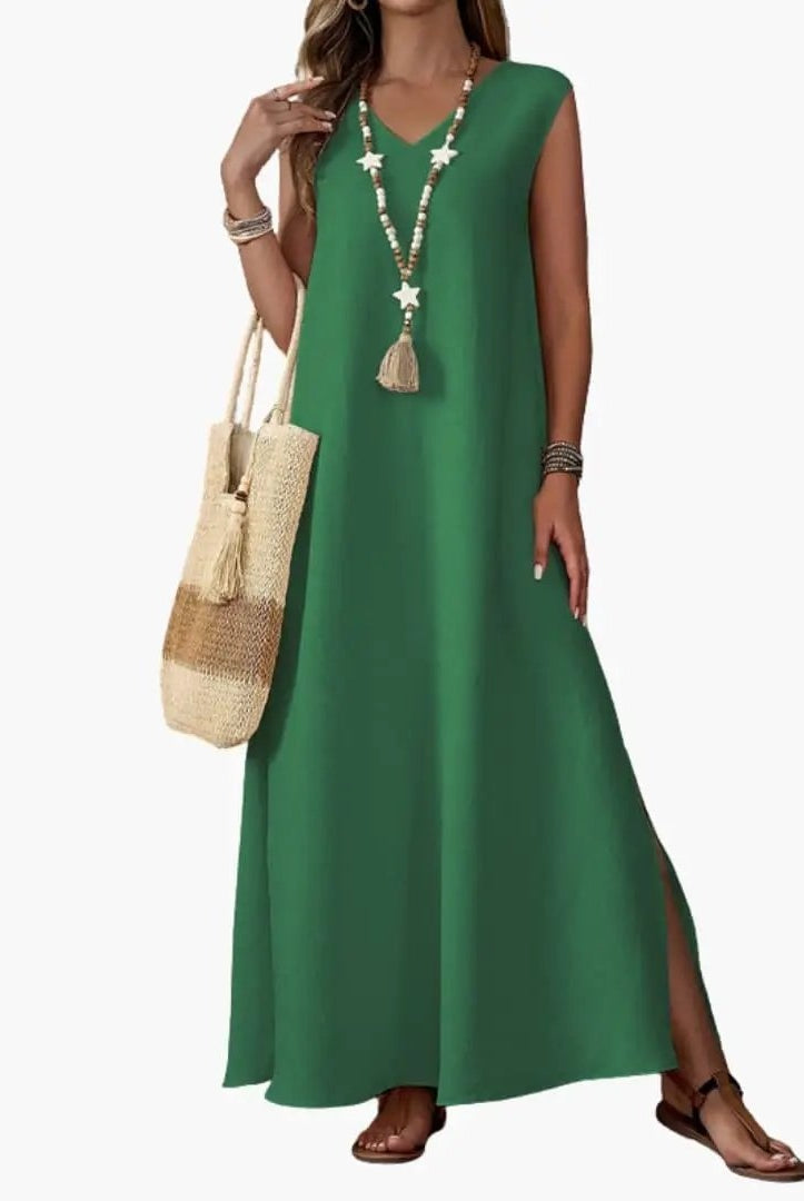 Vestido Largo Casual Sin Mangas Mujer Escote V