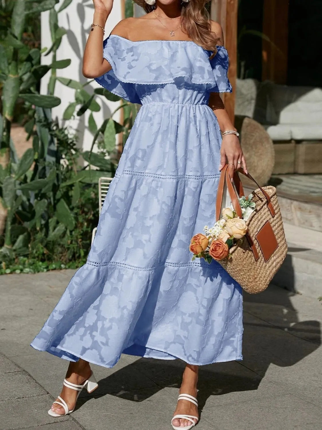 Vestido Largo con Hombros Descubiertos Mujer Volantes