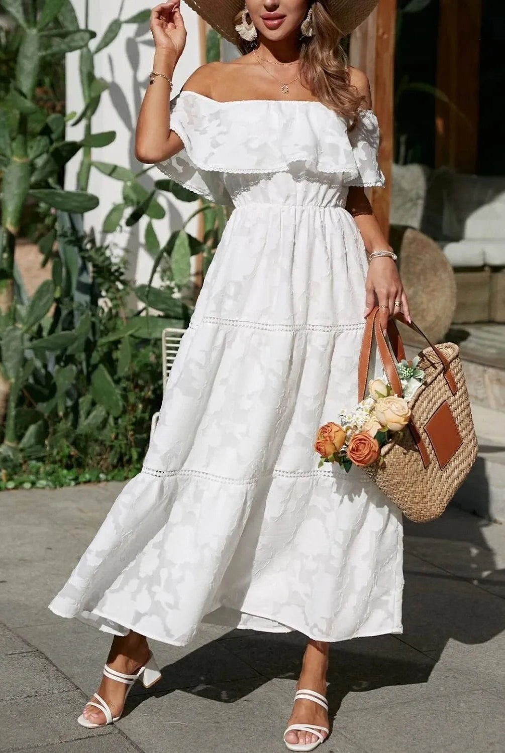 Vestido Largo con Hombros Descubiertos Mujer Volantes