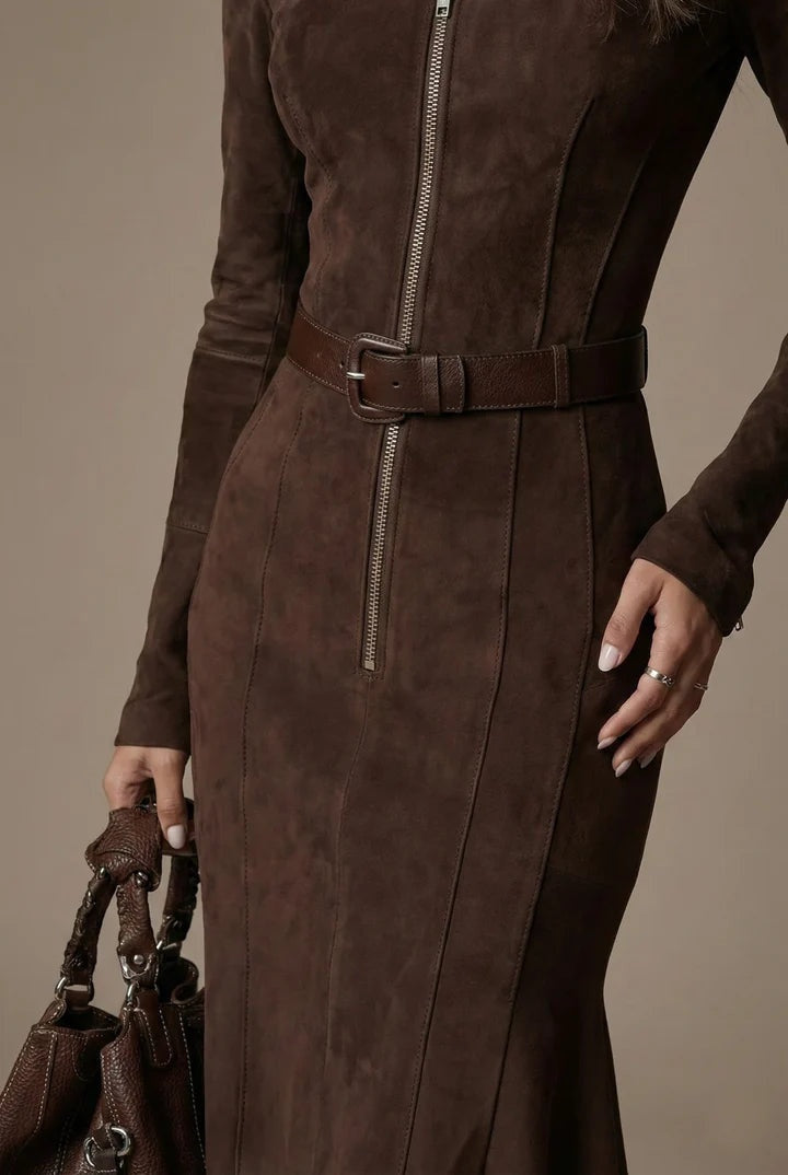 Vestido Largo de Ante con Cremallera Mujer Cinturón