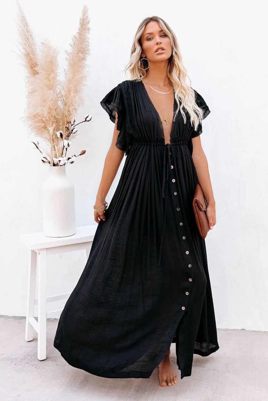 Vestido Largo de Fiesta con Botones Frontales Mujer Escote V