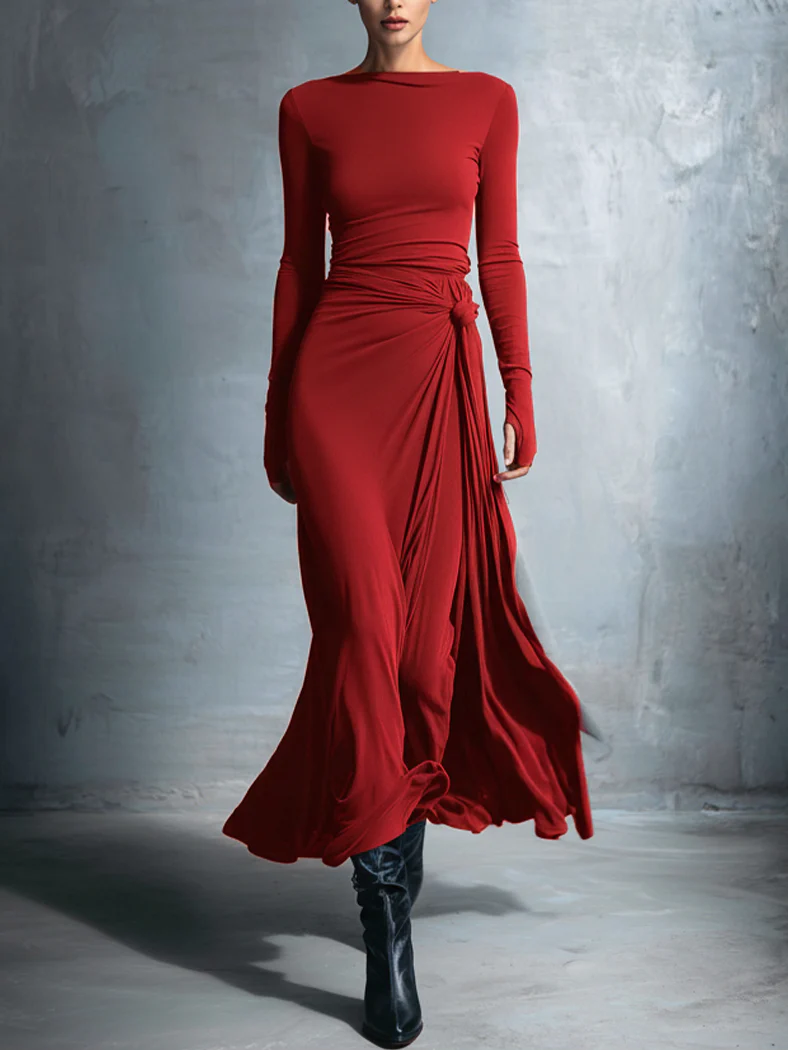 Vestido Largo de Fiesta Drapeado Mujer Manga Larga