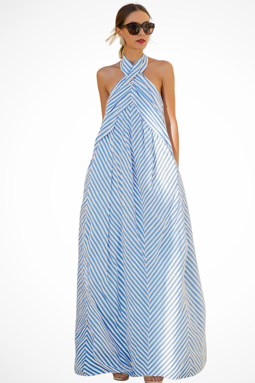 Vestido Largo de Fiesta Estampado Chevron Mujer Escote Halter