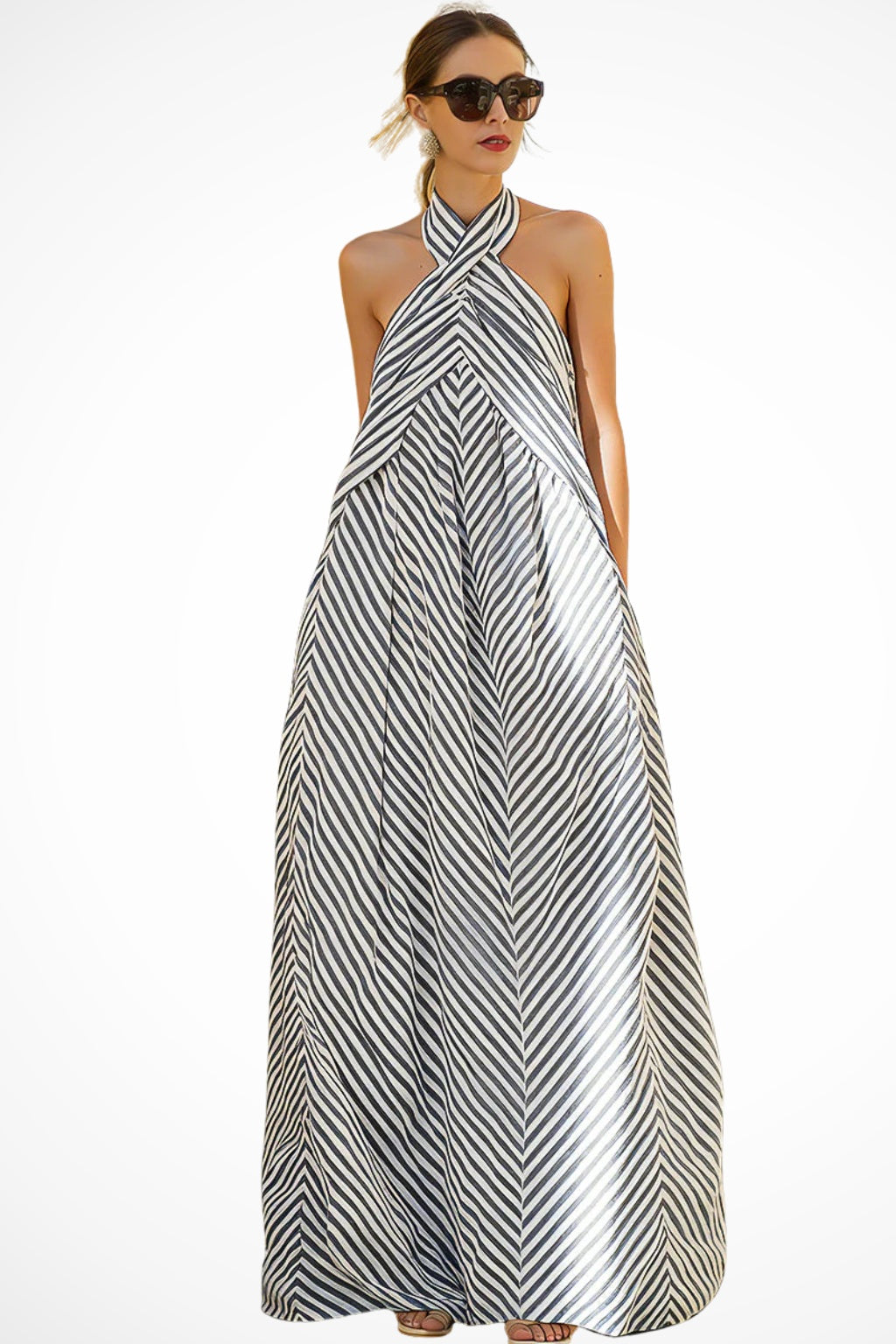 Vestido Largo de Fiesta Estampado Chevron Mujer Escote Halter