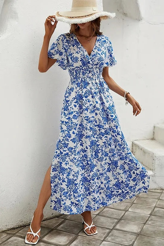 Vestido Largo de Fiesta Estampado Floral Mujer Escote V