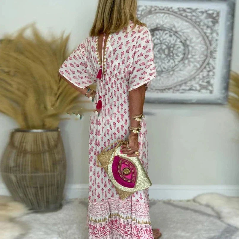Vestido Largo de Fiesta Estampado Paisley Mujer Borlas