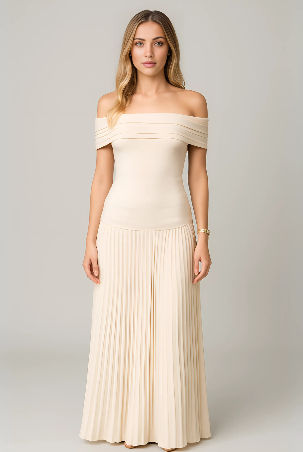 Vestido Largo de Fiesta Hombros Descubiertos Mujer Plisado