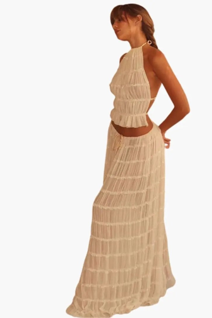 Vestido Largo de Fiesta Mujer Cuello Halter Volantes