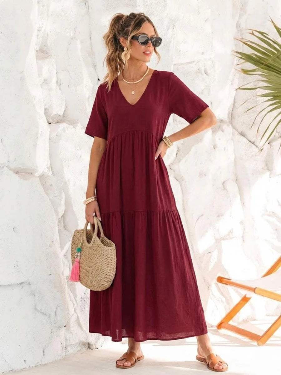 Vestido Largo de Fiesta Mujer Escote V Volantes