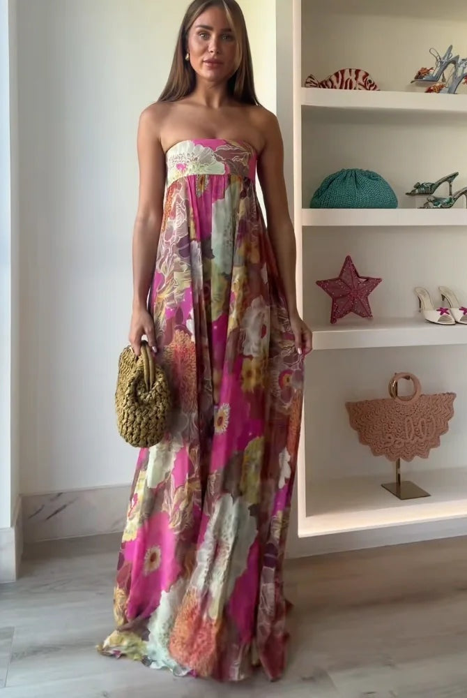 Vestido Largo de Fiesta Mujer Estampado Palabra de Honor