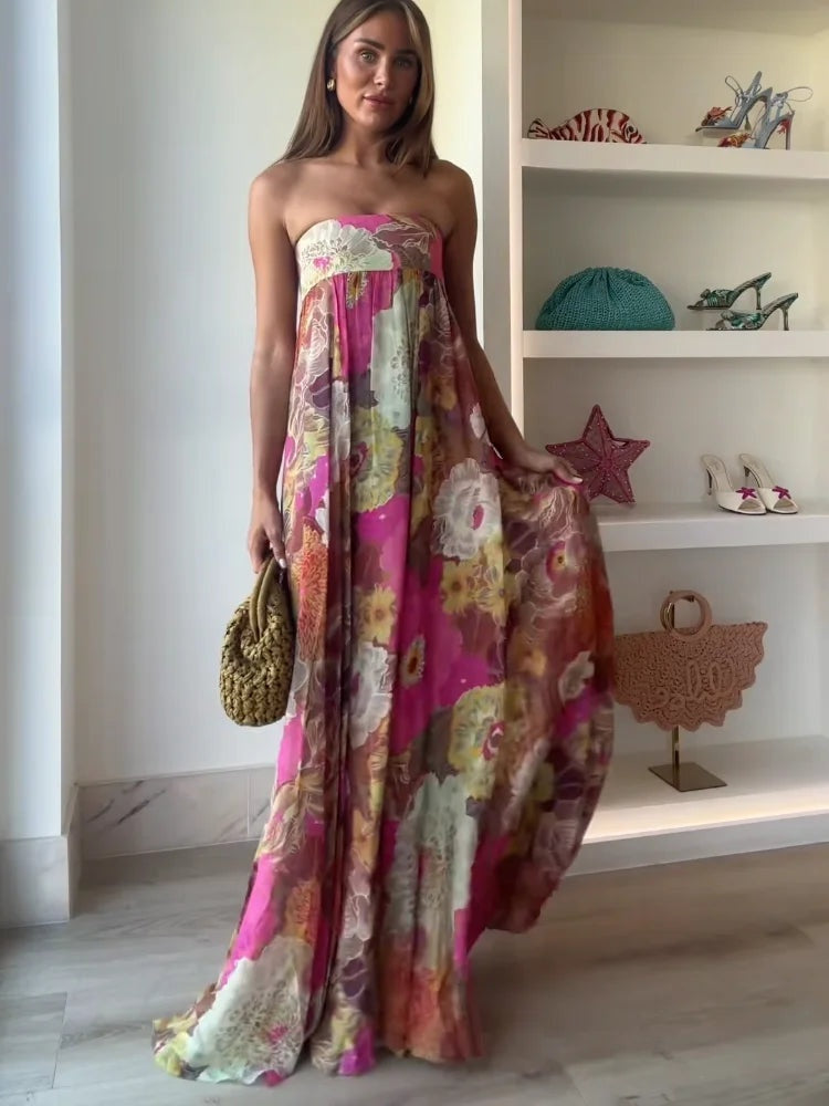 Vestido Largo de Fiesta Mujer Estampado Palabra de Honor