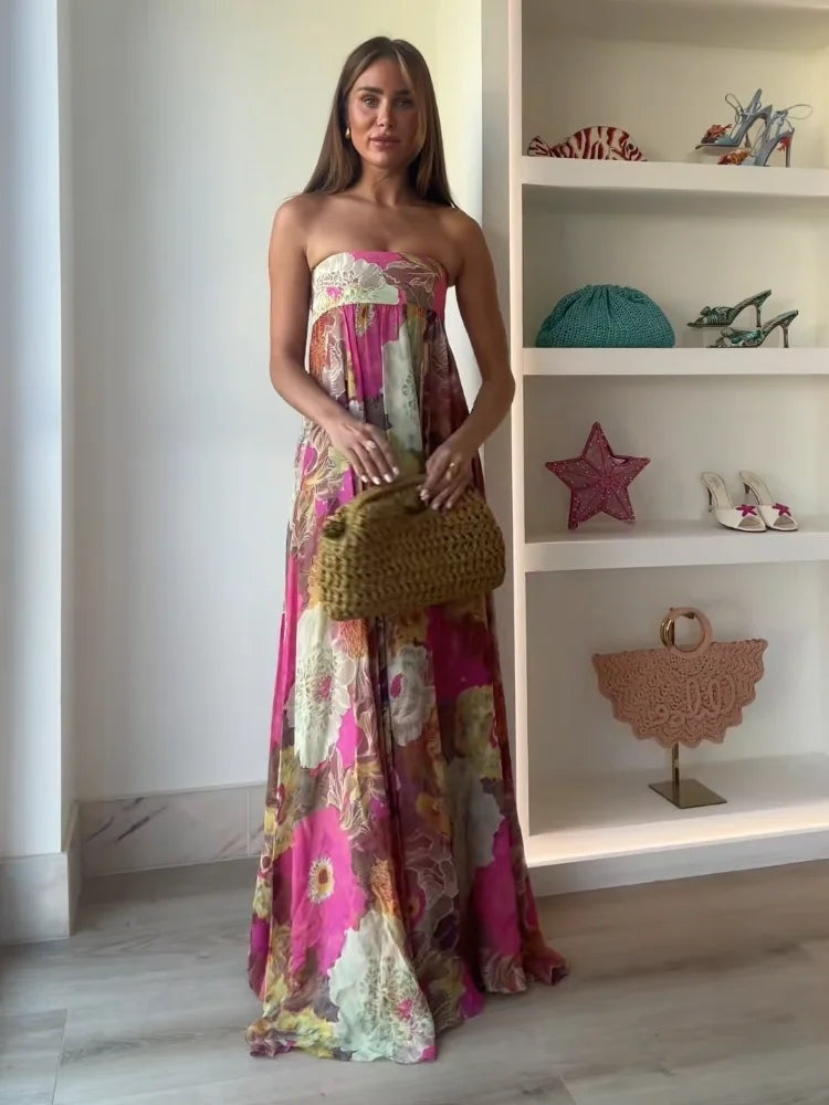 Vestido Largo de Fiesta Mujer Estampado Palabra de Honor
