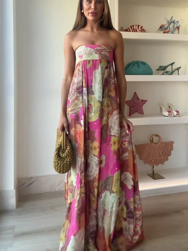 Vestido Largo de Fiesta Mujer Estampado Palabra de Honor