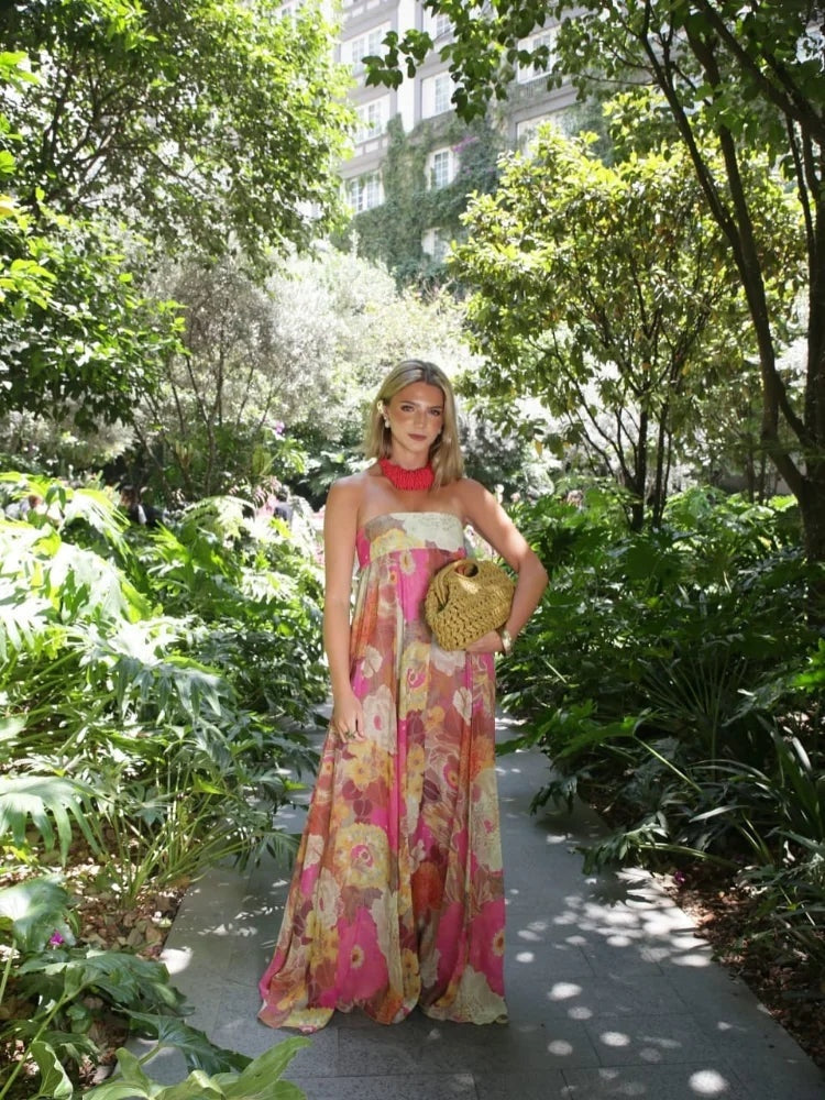 Vestido Largo de Fiesta Mujer Estampado Palabra de Honor