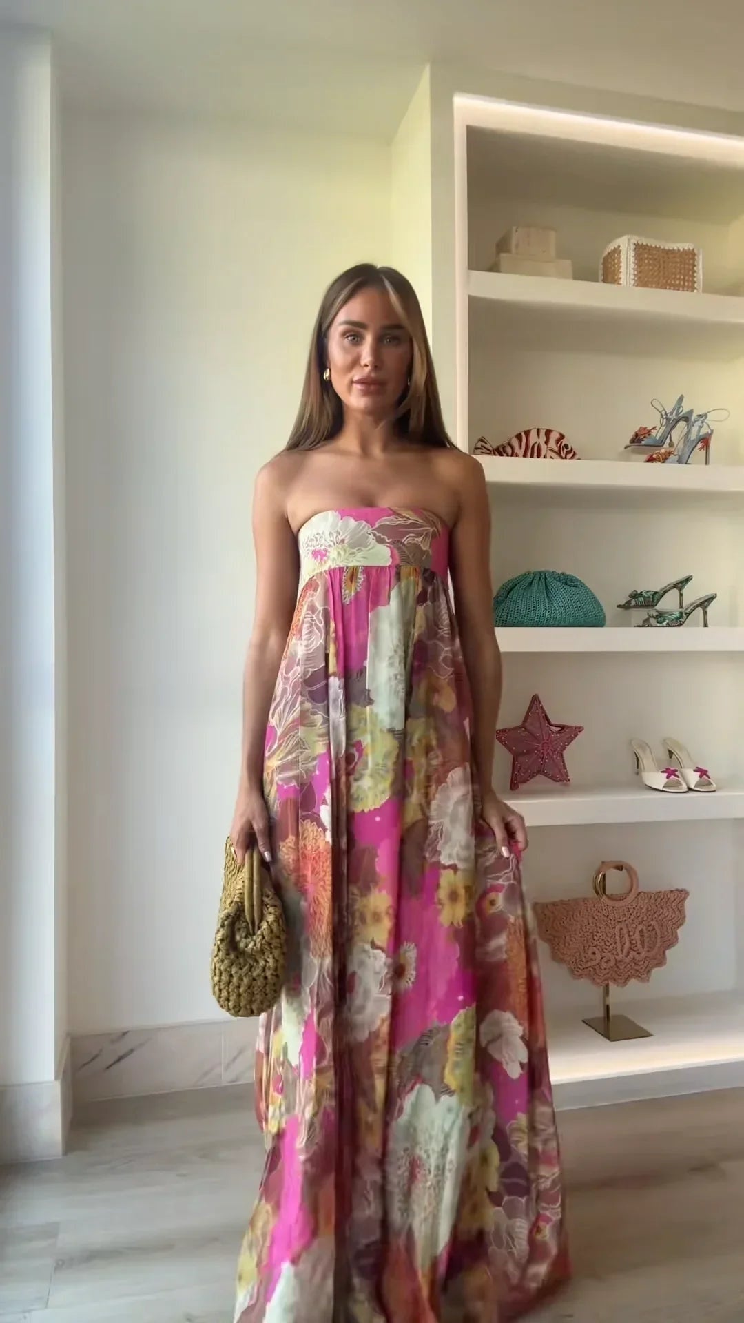Vestido Largo de Fiesta Mujer Estampado Palabra de Honor